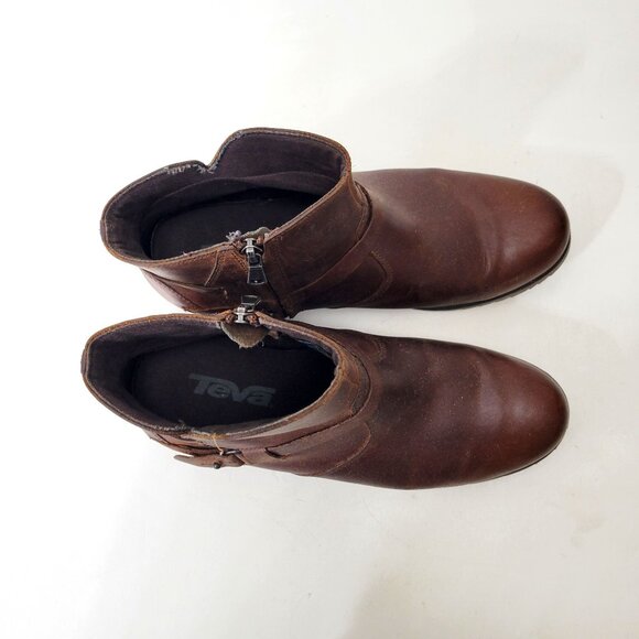 Teva Brown Leather Ankle Boots With Side Zippers & Buckle Detail Women's Size 10 - Picture 4 of 8